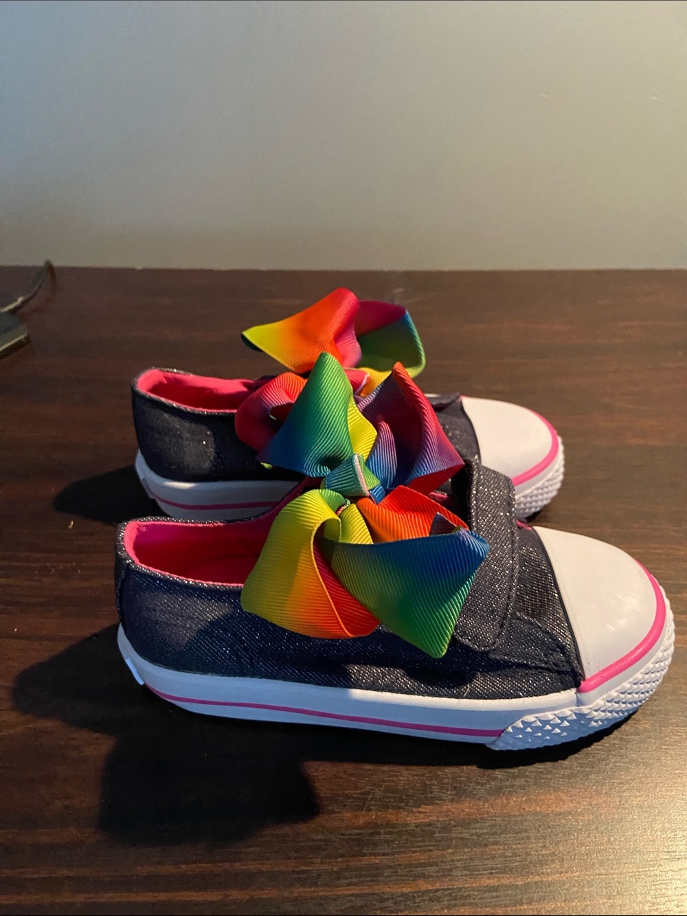 Toddler 8.5 JoJo Siwa Denim Slip-On Velcro Sneakers Rainbow Bow & Pink Trim